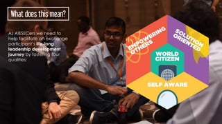 What does this mean?
As AIESECers we need to
help facilitate an exchange
participant’s life-long
leadership development
journey by fostering four
qualities:
 