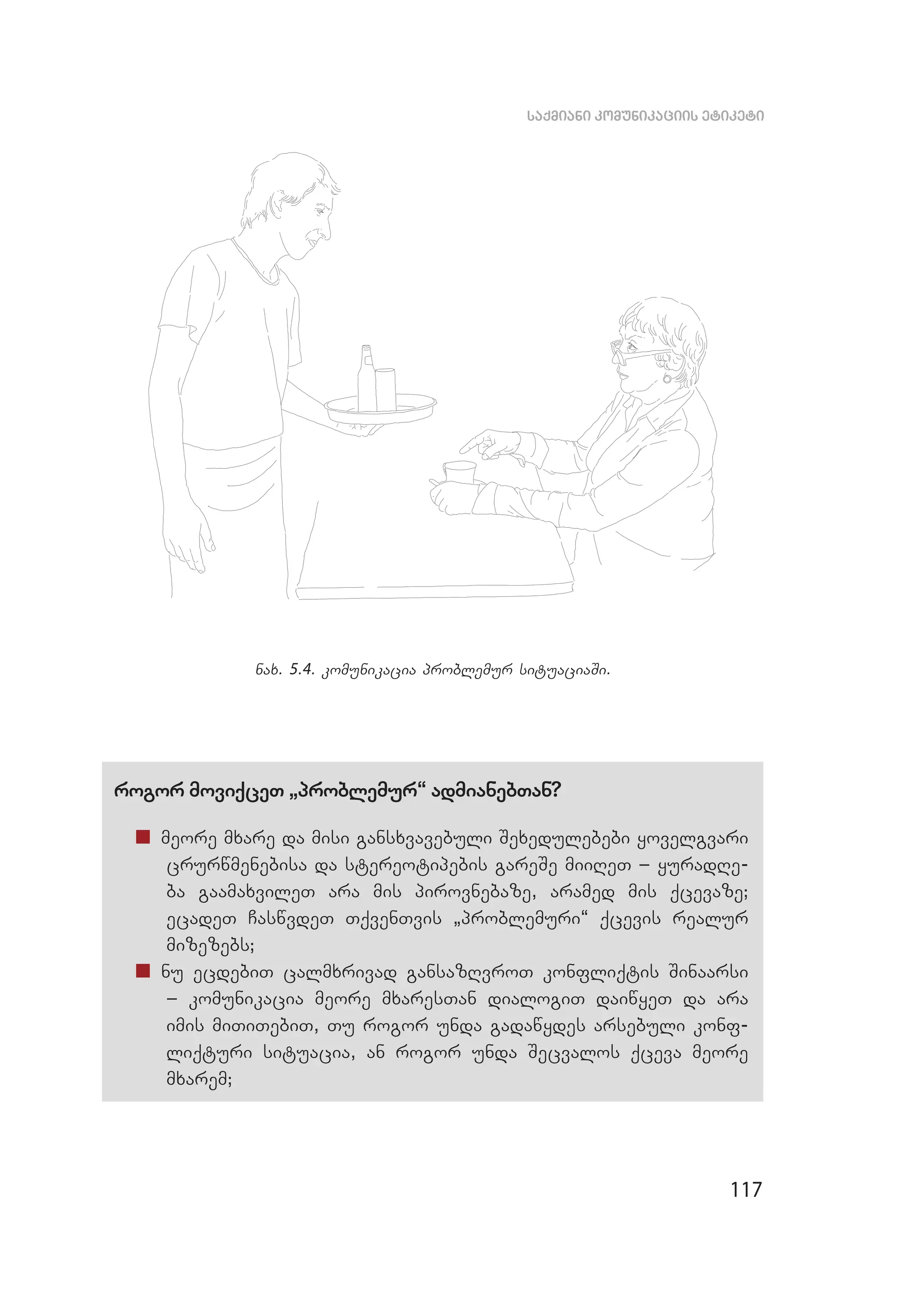 117
saqmiani komunikaciis etiketi
nax. 5.4. komunikacia problemur situaciaSi.
rogor moviqceT `problemur~ admianebTan?
„„ meore mxare da misi gansxvavebuli Sexedulebebi yovelgvari
crurwmenebisa da stereotipebis gareSe miiReT _ yuradRe­
ba gaamaxvileT ara mis pirovnebaze, aramed mis qcevaze;
ecadeT CaswvdeT TqvenTvis `problemuri~ qcevis realur
mizezebs;
„„ nu ecdebiT calmxrivad gansazRvroT konfliqtis Sinaarsi
_ komunikacia meore mxaresTan dialogiT daiwyeT da ara
imis miTiTebiT, Tu rogor unda gadawydes arsebuli konf­
liqturi situacia, an rogor unda Secvalos qceva meore
mxarem;
 