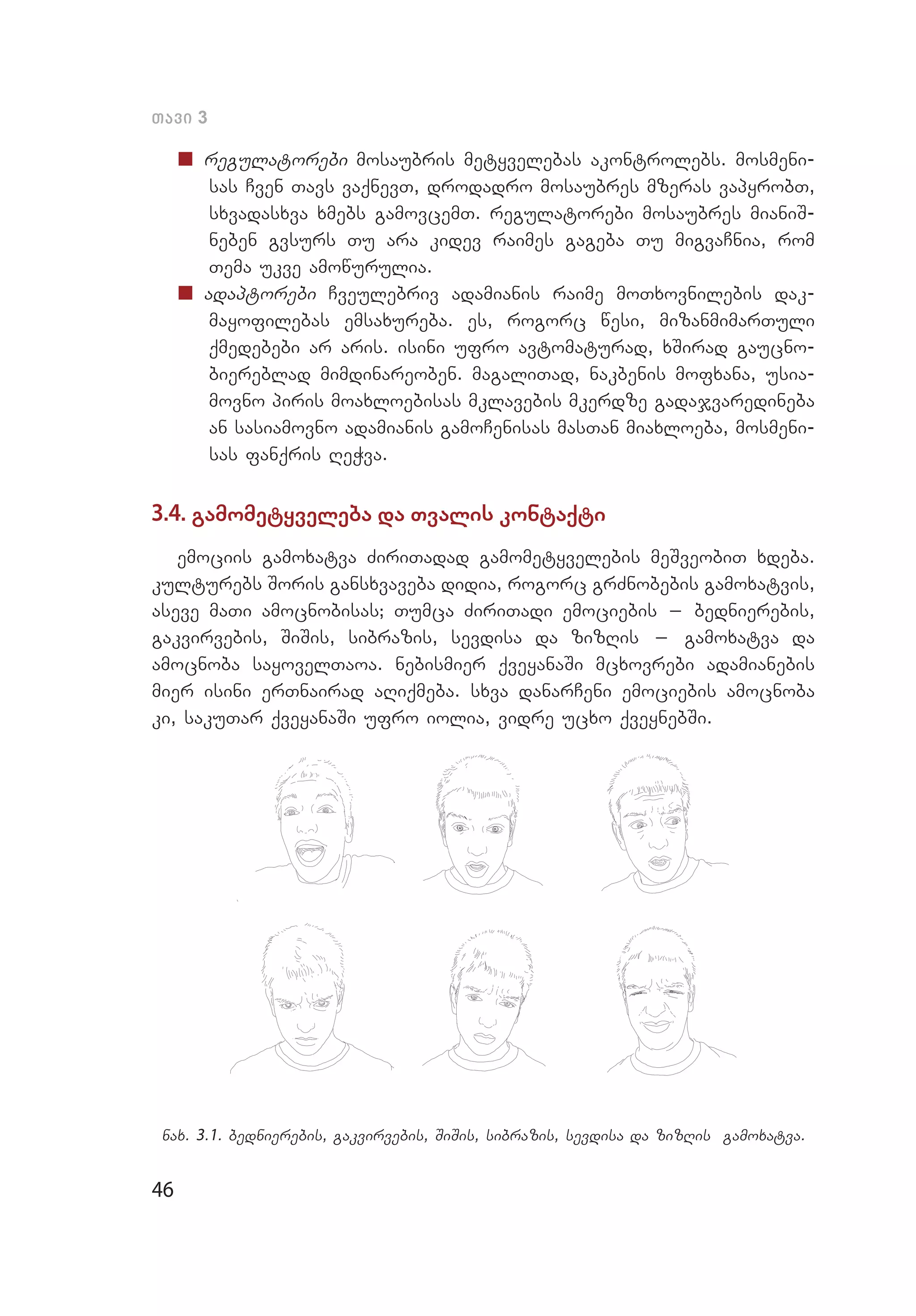 46
Tavi 3
„„ regulatorebi mosaubris metyvelebas akontrolebs. mosmeni­
sas Cven Tavs vaqnevT, drodadro mosaubres mzeras vapyrobT,
sxvadasxva xmebs gamovcemT. regulatorebi mosaubres mianiS­
neben gvsurs Tu ara kidev raimes gageba Tu migvaCnia, rom
Tema ukve amowurulia.
„„ adaptorebi Cveulebriv adamianis raime moTxovnilebis dak­
mayo­filebas emsaxureba. es, rogorc wesi, mizanmimarTuli
qmedebebi ar aris. isini ufro avtomaturad, xSirad gaucno­
biereblad mimdinareoben. magaliTad, nakbenis mofxana, usia­
movno piris moaxloebisas mklavebis mkerdze gadajvaredineba
an sasiamovno adamianis gamoCenisas masTan miaxloeba, mosmeni­
sas fanqris ReWva.
3.4. gamometyveleba da Tvalis kontaqti
emociis gamoxatva ZiriTadad gamometyvelebis meSveobiT xdeba.
kulturebs Soris gansxvaveba didia, rogorc grZnobebis gamoxat­vis,
aseve maTi amocnobisas; Tumca ZiriTadi emociebis _ bednierebis,
gakvirvebis, SiSis, sibrazis, sevdisa da zizRis _ gamoxatva da
amocnoba sayovelTaoa. nebismier qveyanaSi mcxovrebi adamianebis
mier isini erTnairad aRiqmeba. sxva danarCeni emociebis amocnoba
ki, sakuTar qveyanaSi ufro iolia, vidre ucxo qveynebSi.
nax. 3.1. bednierebis, gakvirvebis, SiSis, sibrazis, sevdisa da zizRis gamoxatva.
 