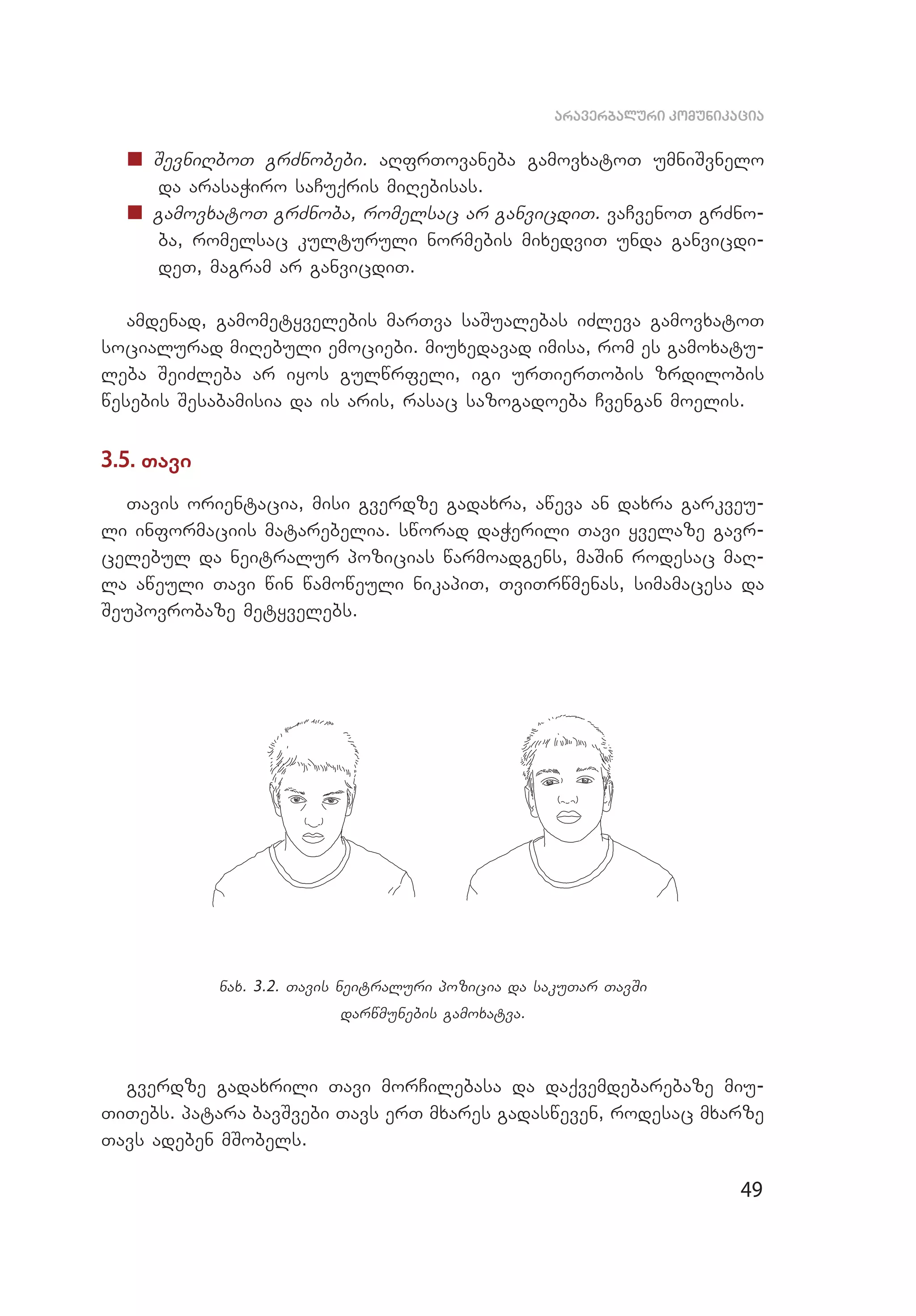 49
araverbaluri komunikacia
„„ SevniRboT grZnobebi. aRfrTovaneba gamovxatoT umniSvnelo
da arasaWiro saCuqris miRebisas.
„„ gamovxatoT grZnoba, romelsac ar ganvicdiT. vaCvenoT grZno­
ba, romelsac kulturuli normebis mixedviT unda ganvicdi­
deT, magram ar ganvicdiT.
amdenad, gamometyvelebis marTva saSualebas iZleva gamovxatoT
socialurad miRebuli emociebi. miuxedavad imisa, rom es gamoxatu­
leba SeiZleba ar iyos gulwrfeli, igi urTierTobis zrdilobis
wesebis Sesabamisia da is aris, rasac sazogadoeba Cvengan moelis.
3.5. Tavi
Tavis orientacia, misi gverdze gadaxra, aweva an daxra garkveu­
li informaciis matarebelia. sworad daWerili Tavi yvelaze gavr­
celebul da neitralur pozicias warmoadgens, maSin rodesac maR­
la aweuli Tavi win wamoweuli nikapiT, TviTrwmenas, simamacesa da
Seupovrobaze metyvelebs.
nax. 3.2. Tavis neitraluri pozicia da sakuTar TavSi
darwmunebis gamoxatva.
gverdze gadaxrili Tavi morCilebasa da daqvemdebarebaze miu­
TiTebs. patara bavSvebi Tavs erT mxares gadasweven, rodesac mxarze
Tavs adeben mSobels.
 