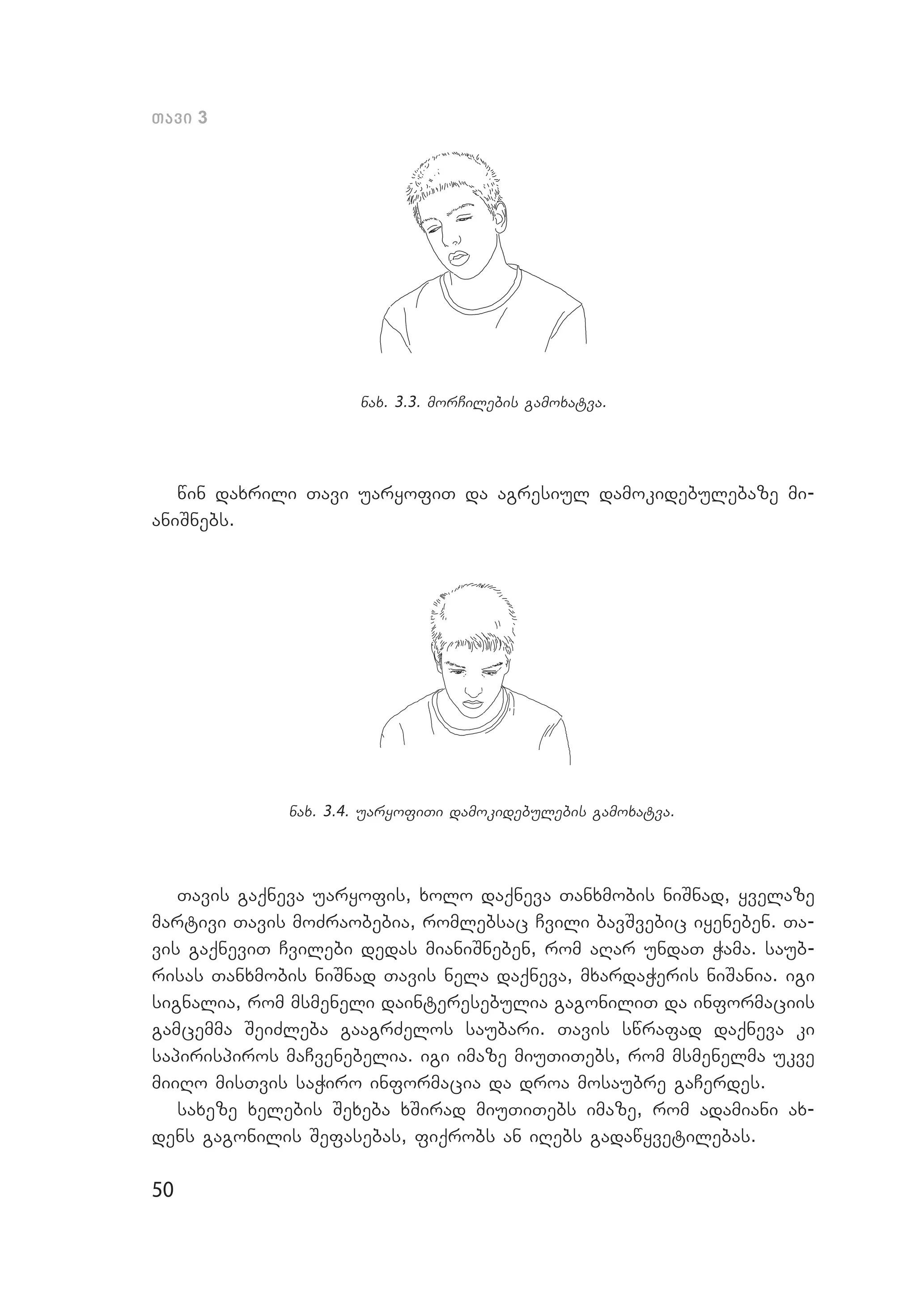 50
Tavi 3
nax. 3.3. morCilebis gamoxatva.
win daxrili Tavi uaryofiT da agresiul damokidebulebaze mi­
aniSnebs.
nax. 3.4. uaryofiTi damokidebulebis gamoxatva.
Tavis gaqneva uaryofis, xolo daqneva Tanxmobis niSnad, yvelaze
marti­vi Tavis moZraobebia, romlebsac Cvi­li bavSvebic iyeneben. Ta­
vis gaqneviT Cvilebi dedas mianiSneben, rom aRar undaT Wama. saub­
risas Tanxmobis niSnad Tavis nela daqneva, mxardaWeris niSania. igi
signalia, rom msmeneli dainteresebulia gagoniliT da informaciis
gamcemma SeiZleba gaagrZelos saubari. Tavis swrafad daqneva ki
sapirispiros maCvenebelia. igi imaze miuTiTebs, rom msmenelma ukve
miiRo misTvis saWiro informacia da droa mosaubre gaCerdes.
saxeze xelebis Sexeba xSirad miuTiTebs imaze, rom adamiani ax­
dens gagonilis Sefasebas, fiqrobs an iRebs gadawyvetilebas.
 