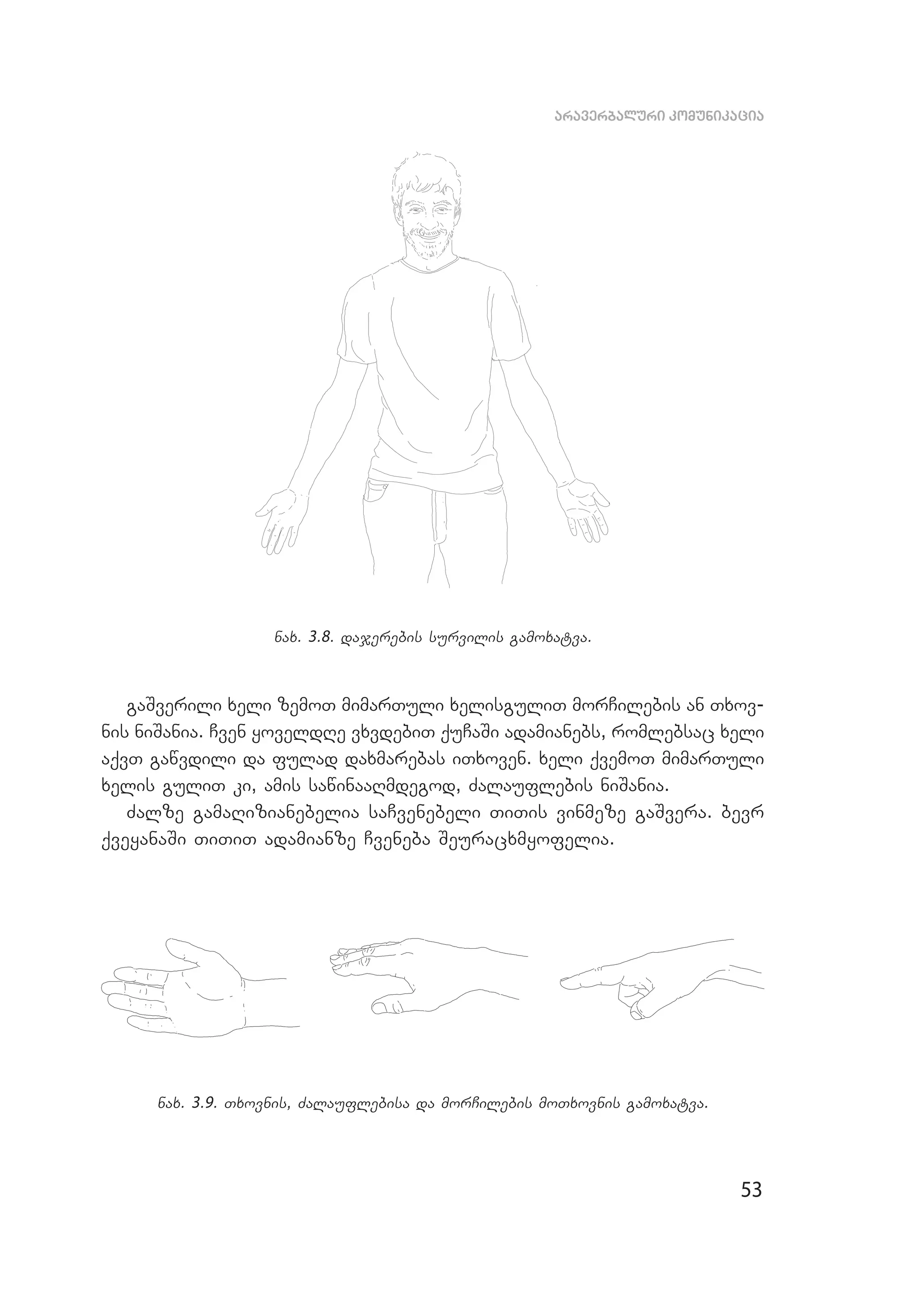 53
araverbaluri komunikacia
nax. 3.8. dajerebis survilis gamoxatva.
gaSverili xeli zemoT mimar­Tu­­li xelisguliT morCilebis an Txov­
nis niSania. Cven yoveldRe vxvdebiT quCaSi adamianebs, romlebsac xeli
aqvT gawvdili da fulad daxma­rebas iTxoven. xeli qvemoT mimarTuli
xelis guliT ki, amis sawinaaRmdegod, Zalauf­lebis niSania.
Zalze gamaRizianebelia saCvenebeli TiTis vinmeze gaSvera. bevr
qveyanaSi TiTiT adamianze Cveneba Seuracxmyofelia.
nax. 3.9. Txovnis, Zalauflebisa da morCilebis moTxovnis gamoxatva.
 