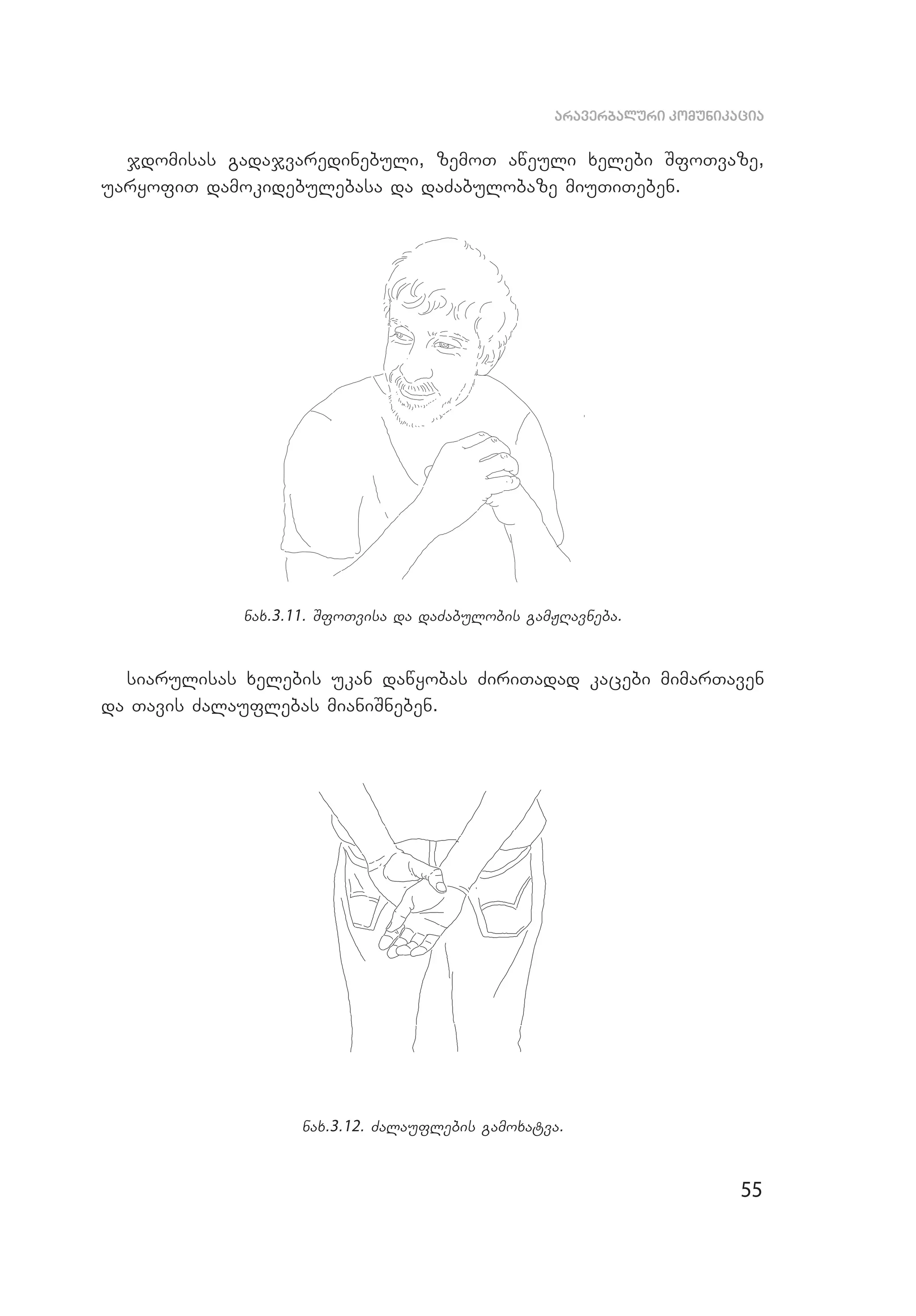55
araverbaluri komunikacia
jdomisas gadajvaredinebuli, zemoT aweuli xelebi SfoTvaze,
uaryofiT da­mokidebulebasa da daZabulobaze miu­TiTeben.
nax.3.11. SfoTvisa da daZabulobis gamJRavneba.
siarulisas xelebis ukan dawyobas Zi­riTadad kacebi mimarTaven
da Tavis Zalauflebas mianiSneben.
nax.3.12. Zalauflebis gamoxatva.
 