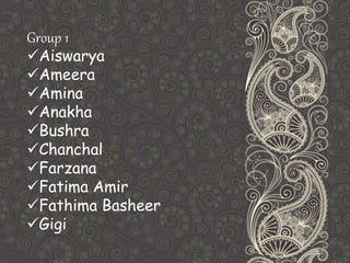 Group 1
Aiswarya
Ameera
Amina
Anakha
Bushra
Chanchal
Farzana
Fatima Amir
Fathima Basheer
Gigi
 