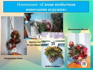 Позднякова Анна
Группа 1 вет «А»
Кл рук Щедрова И.Р.
Коновалова Мария
Бобкова Дария
Номинация: «Самая необычная
новогодняя игрушка»
 