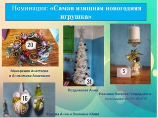 Позднякова Анна
Иванова Наталья Геннадьевна -
преподаватель ККНХиПО
Макаренко Анастасия
и Анисимова Анастасия
Яшкова Анна и Пимкина Юлия
Номинация: «Самая изящная новогодняя
игрушка»
 