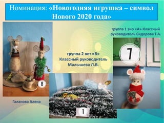 Галанова Алена
группа 2 вет «В»
Классный руководитель
Малышева Л.В.
группа 1 зио «А» Классный
руководитель Сидорова Т.А.
Номинация: «Новогодняя игрушка – символ
Нового 2020 года»
 