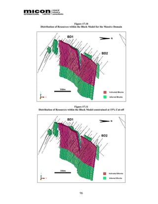 Figure 17.10
 Distribution of Resources within the Block Model for the Massive Domain




                                Figure 17.11
Distribution of Resources within the Block Model constrained at 15% Cut-off




                                    96
 