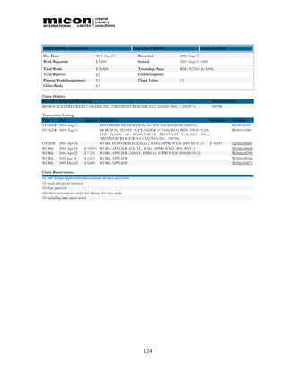 PORCUPINE - Division 60                                          Claim No: P 3008793                 Status: ACTIVE
Due Date:                             2011-Aug-11                   Recorded:          2003-Aug-11
Work Required:                        $ 4,800                       Staked:            2003-Aug-01 14:00
Total Work:                           $ 28,800                      Township/Area:     BMA 527861 (G-4306)
Total Reserve:                        $0                            Lot Description:
Present Work Assignment:              $0                            Claim Units:       12
Claim Bank:                           $0

Claim Holders
Recorded Holder(s) Percentage                                                                              Client Number
RESSOURCES FREEWEST CANADA INC./FREEWEST RESOURCES CANADA INC. ( 100.00 %)                                 300786

Transaction Listing
Type      Date                Applied Description                                            Performed                Number
STAKER 2003-Aug-11                     RECORDED BY MORTSON, SCOTT ALEXANDER (M20734)                                  R0360.03487
STAKER 2003-Aug-11                     MORTSON, SCOTT ALEXANDER (173106) RECORDS 100.00 % IN                          R0360.03488
                                       THE NAME OF RESSOURCES FREEWEST CANADA INC.,
                                       FREEWEST RESOURCES CANADA INC. (300786)
OTHER      2005-Apr-18                 WORK PERFORMED (EM, LC, MAG) APPROVED: 2005-MAY-13    $ 14,853                 Q0560.00688
WORK       2005-Apr-18        $ 14,853 WORK APPLIED (EM, LC, MAG) APPROVED: 2005-MAY-13                               W0560.00688
WORK       2006-Apr-21        $ 7,335 WORK APPLIED (ASSAY, PDRILL) APPROVED: 2006-MAY-12                              W0660.00790
WORK       2009-Jan-16        $ 1,812 WORK APPLIED                                                                    W0960.00106
WORK       2009-Dec-22        $ 4,800 WORK APPLIED                                                                    W0960.03071

Claim Reservations
01 400' surface rights reservation around all lakes and rivers
02 Sand and gravel reserved
03 Peat reserved
04 Other reservations under the Mining Act may apply
05 Including land under water




                                                                       124
 