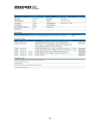 PORCUPINE - Division 60                                          Claim No: P 3008268                 Status: ACTIVE
Due Date:                             2011-Aug-11                   Recorded:          2003-Aug-11
Work Required:                        $ 6,400                       Staked:            2003-Jul-27 15:20
Total Work:                           $ 38,400                      Township/Area:     BMA 527861 (G-4306)
Total Reserve:                        $ 20,203                      Lot Description:
Present Work Assignment:              $ 24,000                      Claim Units:       16
Claim Bank:                           $0

Claim Holders
Recorded Holder(s) Percentage                                                                              Client Number
RESSOURCES FREEWEST CANADA INC./FREEWEST RESOURCES CANADA INC. ( 100.00 %)                                 300786

Transaction Listing
Type      Date                Applied       Description                                           Performed           Number
STAKER 2003-Aug-11                          RECORDED BY MORTSON, SCOTT ALEXANDER (M20734)                             R0360.03487
STAKER 2003-Aug-11                          MORTSON, SCOTT ALEXANDER (173106) RECORDS 100.00 % IN                     R0360.03488
                                            THE NAME OF RESSOURCES FREEWEST CANADA INC.,
                                            FREEWEST RESOURCES CANADA INC. (300786)
OTHER      2005-Apr-18                      WORK PERFORMED (EM, LC, MAG) APPROVED: 2005-MAY-13    $ 7,959             Q0560.00688
OTHER      2005-Apr-18                      WORK PERFORMED (ASSAY, PDRILL) APPROVED: 2005-MAY-13 $ 50,598             Q0560.00689
WORK       2005-Apr-18        $ 7,959       WORK APPLIED (EM, LC, MAG) APPROVED: 2005-MAY-13                          W0560.00688
WORK       2006-Apr-21        $ 29,046      WORK APPLIED (ASSAY, PDRILL) APPROVED: 2006-MAY-12                        W0660.00790
WORK       2009-Dec-22        $ 1,395       WORK APPLIED                                                              W0960.03071

Claim Reservations
01 400' surface rights reservation around all lakes and rivers
02 Sand and gravel reserved
03 Peat reserved
04 Other reservations under the Mining Act may apply
05 Including land under water




                                                                       125
 