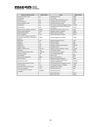 Unit(s) of Measurement            Abbreviation                     Name                     Abbreviation
Grams per metric tonne                g/t              Diamond drill hole                       DDH
Greater than                          >                End of hole                              EOH
Hectare(s)                            ha               Eurasian Natural Resources Corp          ENRC
Inverse distance                      ID               Geological Survey of Canada              GSC
Inverse distance cubed                ID3              Global Positioning System                GPS
Kilogram(s)                           kg               Horizontal Loop Electromagnetic survey   HLEM
                                                       International Chromium Development
Kilometre(s)                          km                                                        ICDA
                                                       Association
High intensity magnetic separation    HIMS             International Stainless Steel Forum      ISSF
Heavy liquid separation               HLS              Magmatic Massive Sulphide                MMS
Induced polarization                  IP               Marten Falls First Nation                MFFN
Loss on ignition                      LOI              Micon International Limited              Micon
Low intensity magnetic separation /
Laboratory Information Management     LIMS             Ontario Department of Mines              ODM
System
Maximum                               max              Ontario Geological Survey                OGS
Metre(s)                              m                Parts per billion                        ppb
Milligram                             mg               Parts per million                        ppm
Millimetre                            mm               Platinum Group Elements/Metals           PGE/M
Million tones                         Mt               Qualified Person                         QP
Million / Billion years               Ma / Ga          Quality Assurance/Quality Control        QA/QC
Minimum                               min              Net Smelter Return                       NSR
North American Datum 1983             NAD’83           Noront Resources Limited                 Noront
Ordinary kriging                      OK               Not available/applicable                 n.a.
Percent(age)                          %                Ring of Fire                             ROF
Rock quality designation              RQD              Ring of Fire Intrusion                   RFI
Specific gravity                      SG               Standard Reference Material              SRM
                                                       System for Electronic Document
Standard deviation                    Std                                                       SEDAR
                                                       Analysis and Retrieval
Système International d’Unités        SI               Time Domain Electro Magnetic survey      TDEM
True thickness                        T.T.             Volcanogenic Massive Sulphide            VMS
Universal Transverse Mercator         UTM              Webequie First Nation                    WFN
Very low frequency                    VLF              Measured Resource                        MR
Wet high intensity magnetic
                                      WHIMS            Indicated Resource                       IR
separation
                                                       Inferred Resource                        Inf. R
                                                       Whole rock assay                         WRA




                                                       18
 
