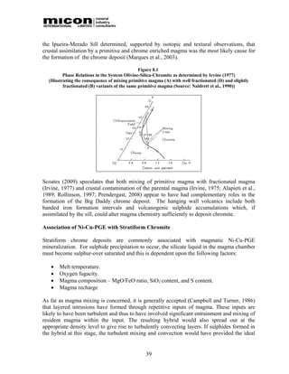 the Ipueira-Merado Sill determined, supported by isotopic and textural observations, that
crustal assimilation by a primitive and chrome enriched magma was the most likely cause for
the formation of the chrome deposit (Marques et al., 2003).

                                                Figure 8.1
          Phase Relations in the System Olivine-Silica-Chromite as determined by Irvine (1977)
  (Illustrating the consequence of mixing primitive magma (A) with well fractionated (D) and slightly
          fractionated (B) variants of the same primitive magma (Source: Naldrett et al., 1990))




Scoates (2009) speculates that both mixing of primitive magma with fractionated magma
(Irvine, 1977) and crustal contamination of the parental magma (Irvine, 1975; Alapieti et al.,
1989; Rollinson, 1997; Prendergast, 2008) appear to have had complementary roles in the
formation of the Big Daddy chrome deposit. The hanging wall volcanics include both
banded iron formation intervals and volcanogenic sulphide accumulations which, if
assimilated by the sill, could alter magma chemistry sufficiently to deposit chromite.

Association of Ni-Cu-PGE with Stratiform Chromite

Stratiform chrome deposits are commonly associated with magmatic Ni-Cu-PGE
mineralization. For sulphide precipitation to occur, the silicate liquid in the magma chamber
must become sulphur-over saturated and this is dependent upon the following factors:

      Melt temperature.
      Oxygen fugacity.
      Magma composition – MgO/FeO ratio, SiO2 content, and S content.
      Magma recharge

As far as magma mixing is concerned, it is generally accepted (Campbell and Turner, 1986)
that layered intrusions have formed through repetitive inputs of magma. These inputs are
likely to have been turbulent and thus to have involved significant entrainment and mixing of
resident magma within the input. The resulting hybrid would also spread out at the
appropriate density level to give rise to turbulently convecting layers. If sulphides formed in
the hybrid at this stage, the turbulent mixing and convection would have provided the ideal


                                                  39
 