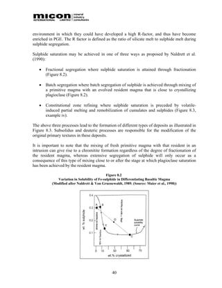 environment in which they could have developed a high R-factor, and thus have become
enriched in PGE. The R factor is defined as the ratio of silicate melt to sulphide melt during
sulphide segregation.

Sulphide saturation may be achieved in one of three ways as proposed by Naldrett et al.
(1990):

      Fractional segregation where sulphide saturation is attained through fractionation
       (Figure 8.2).

      Batch segregation where batch segregation of sulphide is achieved through mixing of
       a primitive magma with an evolved resident magma that is close to crystallizing
       plagioclase (Figure 8.2).

      Constitutional zone refining where sulphide saturation is preceded by volatile-
       induced partial melting and remobilization of cumulates and sulphides (Figure 8.3,
       example iv).

The above three processes lead to the formation of different types of deposits as illustrated in
Figure 8.3. Subsolidus and deuteric processes are responsible for the modification of the
original primary textures in these deposits.

It is important to note that the mixing of fresh primitive magma with that resident in an
intrusion can give rise to a chromitite formation regardless of the degree of fractionation of
the resident magma, whereas extensive segregation of sulphide will only occur as a
consequence of this type of mixing close to or after the stage at which plagioclase saturation
has been achieved by the resident magma.

                                              Figure 8.2
              Variation in Solubility of Fe-sulphide in Differentiating Basaltic Magma
           (Modified after Naldrett & Von Gruenewaldt, 1989. (Source: Maier et al., 1998))




                                                 40
 