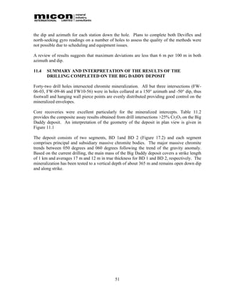 the dip and azimuth for each station down the hole. Plans to complete both Deviflex and
north-seeking gyro readings on a number of holes to assess the quality of the methods were
not possible due to scheduling and equipment issues.

A review of results suggests that maximum deviations are less than 6 m per 100 m in both
azimuth and dip.

11.4   SUMMARY AND INTERPRETATION OF THE RESULTS OF THE
       DRILLING COMPLETED ON THE BIG DADDY DEPOSIT

Forty-two drill holes intersected chromite mineralization. All but three intersections (FW-
06-03, FW-09-46 and FW10-56) were in holes collared at a 150° azimuth and -50° dip, thus
footwall and hanging wall pierce points are evenly distributed providing good control on the
mineralized envelopes.

Core recoveries were excellent particularly for the mineralized intercepts. Table 11.2
provides the composite assay results obtained from drill intersections >25% Cr2O3 on the Big
Daddy deposit. An interpretation of the geometry of the deposit in plan view is given in
Figure 11.1

The deposit consists of two segments, BD 1and BD 2 (Figure 17.2) and each segment
comprises principal and subsidiary massive chromite bodies. The major massive chromite
trends between 050 degrees and 060 degrees following the trend of the gravity anomaly.
Based on the current drilling, the main mass of the Big Daddy deposit covers a strike length
of 1 km and averages 17 m and 12 m in true thickness for BD 1 and BD 2, respectively. The
mineralization has been tested to a vertical depth of about 365 m and remains open down dip
and along strike.




                                            51
 