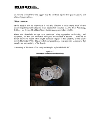 as, visually estimated by the logger, may be validated against the specific gravity and
checked on core photos.

Micon comments

Micon believes that the insertion of at least two standards in each sample batch and the
monitoring of the analytical results by an independent consultant (i.e. Ms. Tracy Armstrong,
P. Geo. – see Section 14) add confidence that the assays reported are reliable.

Given that down-hole surveys were conducted using appropriate methodology and
equipment, and that core recoveries were good as described in Section 11, there are no
factors known to Micon which might materially impact on the reliability of the results
reported by Spider/KWG. The down-hole surveys and good core recoveries also ensured that
samples are representative of the deposit.

A summary of the results of the composite samples is given in Table 11.2.

                                          Figure 12.1
                            Sealed Rice Bags Being Placed into Pails




                                              56
 