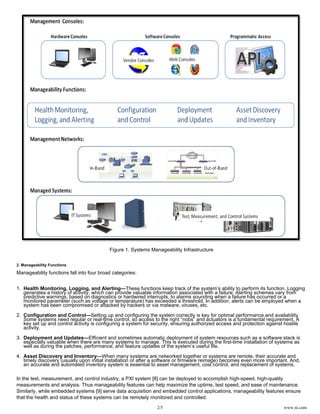 2/5 www.ni.com
1.
2.
3.
4.
Figure 1. Systems Manageability Infrastructure
2. Manageability Functions
Manageability functions fall into four broad categories:
Health Monitoring, Logging, and Alerting—These functions keep track of the system’s ability to perform its function. Logging
generates a history of activity, which can provide valuable information associated with a failure. Alerting schemes vary from
predictive warnings, based on diagnostics or hardwired interrupts, to alarms sounding when a failure has occurred or a
monitored parameter (such as voltage or temperature) has exceeded a threshold. In addition, alerts can be employed when a
system has been compromised or attacked by hackers or via malware, viruses, etc.
Configuration and Control—Setting up and configuring the system correctly is key for optimal performance and availability.
Some systems need regular or real-time control, so access to the right “nobs” and actuators is a fundamental requirement. A
key set up and control activity is configuring a system for security, ensuring authorized access and protection against hostile
activity.
Deployment and Updates—Efficient and sometimes automatic deployment of system resources such as a software stack is
especially valuable when there are many systems to manage. This is executed during the first-time installation of systems as
well as during the patches, performance, and feature updates of the system’s useful life.
Asset Discovery and Inventory—When many systems are networked together or systems are remote, their accurate and
timely discovery (usually upon initial installation or after a software or firmware reimage) becomes even more important. And,
an accurate and automated inventory system is essential to asset management, cost control, and replacement of systems.
In the test, measurement, and control industry, a PXI system can be deployed to accomplish high-speed, high-quality[8]
measurements and analysis. Thus manageability features can help maximize the uptime, test speed, and ease of maintenance.
Similarly, while embedded systems serve data acquisition and embedded control applications, manageability features ensure[9]
that the health and status of these systems can be remotely monitored and controlled.
 