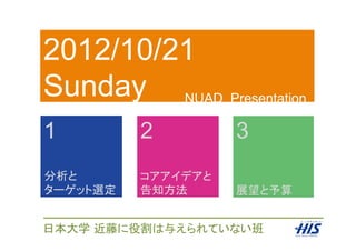 NUAD Presentation	
1	
2012/10/21
Sunday	
分析と
ターゲット選定	
コアアイデアと
告知方法	
 展望と予算	
2	
 3	
日本大学 近藤に役割は与えられていない班	
 
