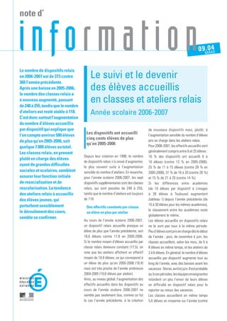 note d’


information                                                                                                                      . A4
                                                                                                                              0 9M0RS


Le nombre de dispositifs relais
en 2006-2007 est de 373 contre           Le suivi et le devenir
366 l’année précédente.
Après une baisse en 2005-2006,
le nombre des classes relais a
                                         des élèves accueillis
à nouveau augmenté, passant
de 248 à 255, tandis que le nombre
                                         en classes et ateliers relais
d’ateliers est resté stable à 118.       Année scolaire 2006-2007
C’est donc surtout l’augmentation
du nombre d’élèves accueillis
par dispositif qui explique que                                                     de nouveaux dispositifs mais, plutôt, à
l’on compte environ 500 élèves        Les dispositifs ont accueilli                 l’augmentation sensible du nombre d’élèves
                                      cinq cents élèves de plus                     pris en charge dans les ateliers relais.
de plus qu’en 2005-2006, soit
                                      qu’en 2005-2006                               Pour 2006-2007, les effectifs accueillis sont
quelque 7 000 élèves au total.
Les classes relais, en prenant                                                      généralement compris entre 6 et 25 élèves :
                                     Depuis leur création en 1998, le nombre        16 % des dispositifs ont accueilli 6 à
plutôt en charge des élèves
                                     de dispositifs relais n’a cessé d’augmenter,   10 élèves (contre 13 % en 2005-2006),
ayant de grandes difficultés         le plus souvent suite à l’augmentation         25 % de 11 à 15 élèves (contre 28 % en
sociales et scolaires, semblent      sensible du nombre d’ateliers. En revanche,    2005-2006), 31 % de 16 à 20 (contre 26 %)
assurer leur fonction initiale       pour l’année scolaire 2006-2007, les sept      et 15 % de 21 à 25 (contre 14 %).
de resocialisation et de             dispositifs supplémentaires sont des classes   Si les différences entre académies
rescolarisation. La tendance         relais, qui sont passées de 248 à 255,         (de 10 élèves par dispositif à Limoges
des ateliers relais à accueillir     tandis que le nombre d’ateliers est toujours   à 39 élèves à Toulouse) augmentent
des élèves jeunes, qui               de 118.                                        (tableau 1) depuis l’année précédente (de
perturbent sensiblement                                                             10 à 30 élèves pour les mêmes académies),
                                       Des effectifs constants par classe,
le déroulement des cours,                                                           le classement entre les académies reste
                                       un élève en plus par atelier
                                                                                    globalement le même.
semble se confirmer.
                                     Au cours de l’année scolaire 2006-2007,        Les élèves accueillis en dispositifs relais
                                     un dispositif relais accueille presque un      ne le sont pas tous à la même période.
                                     élève de plus que l’année précédente, soit     Peu d’élèves sont pris en charge dès le début
                                     18,6 élèves contre 17,8 en 2005-2006.          de l’année ; puis, de novembre à juin, les
                                     Si le nombre moyen d’élèves accueillis par     classes accueillent, selon les mois, de 5 à
                                     classe relais demeure constant (17,5), on      8 élèves en même temps, et les ateliers de
                                     note que les ateliers affichent un effectif    3 à 6 élèves. En général, le nombre d’élèves
                                     moyen de 19,9 élèves, ce qui correspond à      accueillis par dispositif augmente tout au
                                     un élève de plus qu’en 2005-2006 (18,4)        long de l’année, avec des baisses avant les
                                     mais est très proche de l’année antérieure     vacances : février, avril et juin. Il est probable
                                     2004-2005 (19,6 élèves par atelier).           qu’à ces périodes, les équipes enseignantes
                                     Ainsi, au niveau global, l’augmentation des    retardent un peu l’envoi de leurs élèves
                                     effectifs accueillis dans les dispositifs au   en difficulté en dispositif relais pour le
                                     cours de l’année scolaire 2006-2007 ne         reporter au retour des vacances.
                                     semble pas seulement due, comme ce fut         Les classes accueillent en même temps
                                     le cas l’année précédente, à la création       5,6 élèves en moyenne sur l’année (contre
 