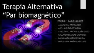 Terapia Alternativa
“Par biomagnético”
• ALFARO DÍAZ ANDRÉS ELIT
• ARELLANO ZARATE MIRIAM
• ARREDONDO JIMÉNEZ RUBÉN DARÍO
• GALLARDO BLANCAS CASANDRA
• LARA CAMPA MARÍA FERNANDA
• LÓPEZ LUNA MARÍA GUADALUPE
EQUIPO: 1 CARLOS LINNEO
 