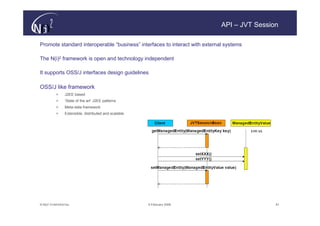 API – JVT Session

Promote standard interoperable “business” interfaces to interact with external systems

The N(i)2 framework is open and technology independent

It supports OSS/J interfaces design guidelines

OSS/J like framework
          >     J2EE based
          >     ‘State of the art’ J2EE patterns
          >     Meta-data framework
          >     Extensible, distributed and scalable




© N(i)2 CONFIDENTIAL                                   9 February 2006                       61
 