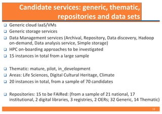 Candidate services: generic, thematic,
repositories and data sets
q Generic cloud IaaS/VMs
q Generic storage services
q Data Management services (Archival, Repository, Data discovery, Hadoop
on-demand, Data analysis service, Simple storage)
q HPC on-boarding approaches to be investigated
q 15 instances in total from a large sample
q Thematic: mature, pilot, in_development
q Areas: Life Sciences, Digital Cultural Heritage, Climate
q 20 instances in total, from a sample of 70 candidates
q Repositories: 15 to be FAIRed: (from a sample of 21 national, 17
institutional, 2 digital libraries, 3 registries, 2 OERs; 32 Generic, 14 Thematic)
13
 