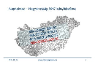 Alaphalmaz – Magyarország 3047 irányítószáma




                                   1
                           -R00.9
                NIA-2010Q1
                            -R00.91
                NIA-2 010Q1
                             -R 00.91
                 NIA-2 010Q1         1
                           1  -R00.9
                 NIA- 2010Q




2010. 03. 05.         www.microsegment.hu      2
 