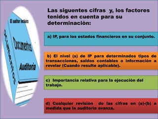a) IP, para los estados financieros en su conjunto.
Las siguentes cifras y, los factores
tenidos en cuenta para su
determinaciòn:
b) El nivel (s) de IP para determinados tipos de
transacciones, saldos contables o informaciòn a
revelar (Cuando resulte aplicable).
d) Cualquier revisiòn de las cifras en (a)-(b) a
medida que la auditorìa avanza.
c) Importancia relativa para la ejecuciòn del
trabajo.
 