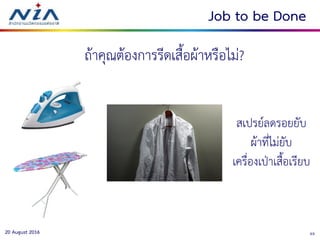 3320 August 2016
Job to be Done
ถ้าคุณต้องการรีดเสื้อผ้าหรือไม่?
สเปรย์ลดรอยยับ
ผ้าที่ไม่ยับ
เครื่องเป่าเสื้อเรียบ
 