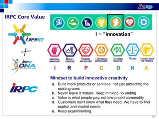 15
IRPC Core Value
I = “Innovation”
a. Build more products or services, not just protecting the
existing ones
b. Never leave it mature. Keep thinking no ending
c. Value is what people pay, not low-priced commodity
d. Customers don’t know what they need. We have to find
explicit and implicit needs
e. Keep experimenting
Mindset to build innovative creativity
I R P C D N A
 