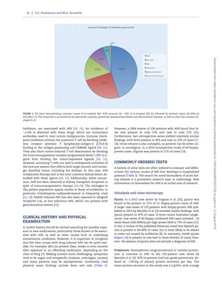 inhibitors, are associated with AIN [10, 11]. An incidence of
2–4% is observed with these drugs, which are monoclonal
antibodies used to treat certain malignancies. Immune check-
point inhibitors activate the quiescent T cell by blocking inhibi-
tory receptor cytotoxic T lymphocyte-antigen-4 (CTLA-4)
binding to the antigen-presenting cell CD80/86 ligand [10, 11].
They also blunt tumor-induced T-cell deactivation by blocking
the immunosuppressive receptor programmed death-1 (PD-1) li-
gand from binding the tumor-expressed ligands [10, 11].
However, activating T cells can lead to widespread activation of
the immune system that affects both target (tumor) and nontar-
get (healthy) tissue, including the kidneys. In this case, AIN
complicates therapy and is the most common kidney lesion de-
scribed with these agents [10, 11]. Additionally, while uncom-
mon, AIN has been observed in kidney transplant recipients in
spite of immunosuppressive therapy [12–15]. The etiologies in
this patient population appear similar to those of antibiotics, in
particular trimethoprim–sulfamethoxazole is frequently cited
[12, 13]. NSAID-induced AIN has also been reported in allograft
recipients [14], as has infectious AIN, which can present with
granulomatous lesions [15].
CLINICAL HISTORY AND PHYSICAL
EXAMINATION
A careful history should be elicited searching for possible expo-
sure to new medications, particularly those known to be associ-
ated with AIN, as well as other causes such as underlying
autoimmune conditions. However, it is important to recognize
that the time course with drug-induced AIN can be quite vari-
able. For example, AKI can present days, weeks or even months
after exposure to an offending medication, depending on the
class of drug [7]. Making matters more challenging, symptoms
tend to be vague and nonspecific (malaise, arthralgias, nausea)
and many patients may be asymptomatic. Commonly cited
physical exam findings include fever and rash (Table 2).
However, a 2004 review of 128 patients with AIN found that fe-
ver was present in only 15% and rash in only 27% [16].
Furthermore, two retrospective series yielded relatively similar
findings, with fever present in 36% and rash in 22% of cases [17,
18]. Urine volume is also unhelpful, as patients can be either oli-
guric or nonoliguric. In a 2010 retrospective study of 60 biopsy-
proven cases, oliguria was present in 51% of cases [19].
COMMONLY ORDERED TESTS
A battery of urine tests are often ordered to evaluate and differ-
entiate the various causes of AKI that develops in hospitalized
patients (Table 3). The search for novel biomarkers of acute kid-
ney disease is a prominent research topic in nephrology. New
information on biomarkers for AIN is an active area of research.
Urinalysis and urine microscopy
Pyuria. In a 2012 case series by Fogazzi et al. [20], pyuria was
found to be present in 57% of 21 biopsy-proven cases of AIN.
A larger case series of 133 patients with biopsy-proven AIN pub-
lished in 2014 by Muriithi et al. [9] revealed similar findings, with
pyuria present in 47% of cases. A more recent Australian single-
center case series of 40 biopsy-confirmed AIN cases revealed 10
white blood cells (WBCs) per high-power field in 73% of cases [21].
In fact, a review of the published literature noted that dipstick py-
uria is present in 60–80% of cases, but is more likely to be absent
in cases not caused by antibiotics [8]. In summary, sterile pyuria
(Figure 2A) is present in one-half to three-fourths of cases; how-
ever, the absence of pyuria does not exclude a diagnosis of AIN.
Proteinuria. Nonnephrotic range proteinuria or ‘tubular protein-
uria’ is common in AIN. In the 133-patient case series by
Muriithi et al. [9], 92% of patients had low-grade proteinuria, de-
fined as 150 mg of urinary protein excretion per day. The
mean protein excretion in this study was 1.2 g/24 h, with a range
FIGURE 1: Pie chart demonstrating common causes of in-hospital AKI. ATN accounts for 50% of in-hospital AKI [5], followed by prerenal injury (20–30%) [6]
and AIN [1–4]. The remainder is accounted for by obstructive uropathy, glomerular diseases/vasculitides and atheroembolic diseases, as well as other less common eti-
ologies [5, 6].
2 | E.Z. Nussbaum and M.A. Perazella
Downloadedfromhttps://academic.oup.com/ckj/advance-article-abstract/doi/10.1093/ckj/sfz080/5531252bygueston12August2019
 