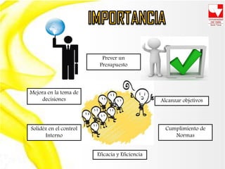 Mejora en la toma de
decisiones Alcanzar objetivos
Eficacia y Eficiencia
Solidéz en el control
Interno
Cumplimiento de
Normas
Prever un
Presupuesto
 