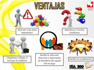 Identificar y resolver
problemas
Organizar y dirigir el
encargo de auditoría
Facilita la coordinación
Facilita la selección,
dirección y supervisión
de miembros del equipo
del encargo
Atención a las áreas
importantes.
 