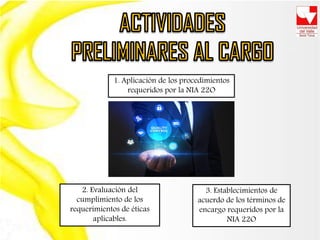 2. Evaluación del
cumplimiento de los
requerimientos de éticas
aplicables.
1. Aplicación de los procedimientos
requeridos por la NIA 22O
3. Establecimientos de
acuerdo de los términos de
encargo requeridos por la
NIA 22O
 