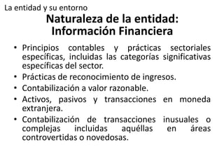 La entidad y su entorno 
Naturaleza de la entidad: 
Información Financiera 
• Principios contables y prácticas sectoriales...
