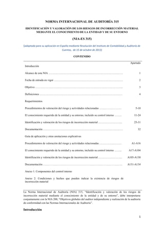 1 
NORMA INTERNACIONAL DE AUDITORÍA 315 
IDENTIFICACIÓN Y VALORACIÓN DE LOS RIESGOS DE INCORRECCIÓN MATERIAL MEDIANTE EL CONOCIMIENTO DE LA ENTIDAD Y DE SU ENTORNO 
(NIA-ES 315) 
(adaptada para su aplicación en España mediante Resolución del Instituto de Contabilidad y Auditoría de Cuentas, de 15 de octubre de 2013) 
CONTENIDO 
Apartado 
Introducción 
Alcance de esta NIA ……………………………………………………………………… 
Fecha de entrada en vigor ………………………………………………………………… 
Objetivo …………………………………………………………………………………... 
Definiciones ……………………………………………………………………………… 
Requerimientos 
Procedimientos de valoración del riesgo y actividades relacionadas …………………… 
El conocimiento requerido de la entidad y su entorno, incluido su control interno …….. 
Identificación y valoración de los riesgos de incorrección material …………………….. 
Documentación …………………………………………………………………………… 
Guía de aplicación y otras anotaciones explicativas 
Procedimientos de valoración del riesgo y actividades relacionadas …………………… 
El conocimiento requerido de la entidad y su entorno, incluido su control interno …….. 
Identificación y valoración de los riesgos de incorrección material …………………….. 
Documentación …………………………………………………………………………... 
Anexo 1: Componentes del control interno 
Anexo 2: Condiciones y hechos que pueden indicar la existencia de riesgos de incorrección material 
1 
2 
3 
4 
5-10 
11-24 
25-31 
32 
A1-A16 
A17-A104 
A105-A130 
A131-A134 
La Norma Internacional de Auditoría (NIA) 315, “Identificación y valoración de los riesgos de incorrección material mediante el conocimiento de la entidad y de su entorno”, debe interpretarse conjuntamente con la NIA 200, “Objetivos globales del auditor independiente y realización de la auditoría de conformidad con las Normas Internacionales de Auditoría”. 
Introducción  