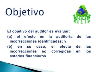 El objetivo del auditor es evaluar: 
(a) el efecto en la auditoría de las 
incorrecciones identificadas; y 
(b) en su caso, el efecto de las 
incorrecciones no corregidas en los 
estados financieros 
 