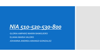 NIA 510-520-530-800 
GLORIA AMPARO MARIN BAMGUERO 
ELIANA MARIA VALERO 
JOHANNA ANDREA ARANGO GONZALEZ 
 