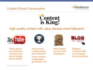 Content Drives Conversation
High quality content with value attracts more followers!
Videos attract
more followers.
YouTube is the
second largest
search engine!
Social media
contests attract
more followers!
Photo contests,
sweepstakes,
gamification, etc.
White papers,
surveys, polls,
infographics
Blogging
enhances SEO
and increases
brand awareness
 