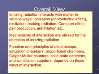 Ionizing Radiation 31
Overall View
Ionizing radiation interacts with matter in
various ways: ionization (photoelectric effect),
excitation, braking radiation, Compton effect,
pair production, annihilation etc.
Mechanisms of interaction are utilized for the
detection of ionizing radiation.
Function and principles of electroscope,
ionization chambers, proportional chambers,
Geiger-Muller counters, solid-state detectors,
and scintillation counters, depends on those
ways of interaction. and cloud chambers have
been describe.
 