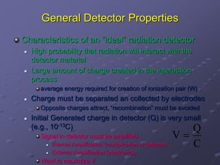 General Detector Properties
Characteristics of an “ideal” radiation detector
 High probability that radiation will interact with the
detector material
 Large amount of charge created in the interaction
process
average energy required for creation of ionization pair (W)
 Charge must be separated an collected by electrodes
Opposite charges attract, “recombination” must be avoided
 Initial Generated charge in detector (Q) is very small
(e.g., 10-13C)
Signal in detector must be amplified
 Internal Amplification (multiplication in detector)
 External Amplification (electronics)
Want to maximize V
C
Q
V 
 