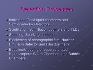 Detection Processes
Ionization: Gas/Liquid chambers and
Semiconductor Detectors
Scintillation: Scintillation counters and TLDs
Sparking: Sparking chamber
Blackening of photographic film: Nuclear
Emulsion detector and Film dosimetry
Bubbling/Clouding of supersaturated
liquids/vapors: Cloud Chambers and Bubble
Chambers
 