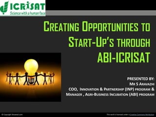 BUSINESS PLANNING AND
               AGRO TECHNOLOGY
                  DEVELOPMENT UNIT
               OPPORTUNITIES FOR START-UPS
                     CCS HAU Jonathan Philroy
                               Mr. HISAR
                               Presented by:

                                           ABI-ICRISAT
Directorate of Human Resource Management
 