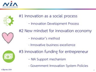 26 มิถุนายน 2559
#1 Innovation as a social process
- Innovation Development Process
#2 New mindset for innovation economy
- Innovator’s method
- Innovative business excellence
#3 Innovation funding for entrepreneur
- NIA Support mechanism
- Government Innovation System Policies
 