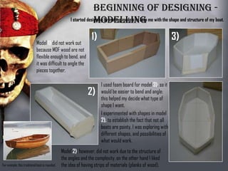 Beginning of Designing - Modelling
I started designing by making models to help me with the shape
and structure of my boat.
Model 1) did not
work out because
MDF wood are not
flexible enough to
bend, and it was
difficult to angle the
pieces together. I used foam board for
model 3), so it would be
easier to bend and angle:
this helped my decide
what type of shape I want.I experimented with
shapes in model 2), to
establish the fact that not
all boats are pointy. I was
exploring with different
shapes, and possibilities
of what would work.
For example, this traditional
boat is rounded.
Model 2), however, did not work due to
the structure of the angles and the
complexity, on the other hand I liked the
1) 3)
2)
 