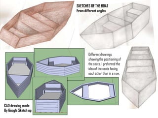 CAD drawing
made
By Google
SKETCHES OF
THE BOAT
From different
angles
Different drawings
showing the
positioning of the
seats. I preferred
the idea of the
seats facing each
other than in a
row.
 