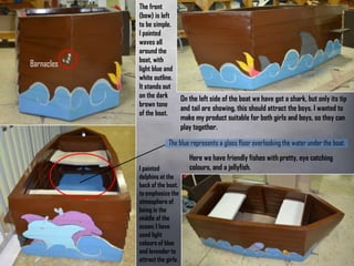 The front
(bow) is
left to be
simple. I
painted
waves all
around
the boat,
with light
blue and
white
outline. It
stands
out on
the dark
brown
tone of
the boat.
On the left side of the boat we have got a
shark, but only its tip and tail are showing,
this should attract the boys. I wanted to
make my product suitable for both girls and
boys, so they can play together.
I painted
dolphins at
the back of
the boat, to
emphasize
the
atmosphere
of being in
the middle
of the
ocean; I
have used
The blue represents a glass floor overlooking the
water under the boat.
Here we have friendly fishes with pretty,
eye catching colours, and a jellyfish.
Barnacl
es
 