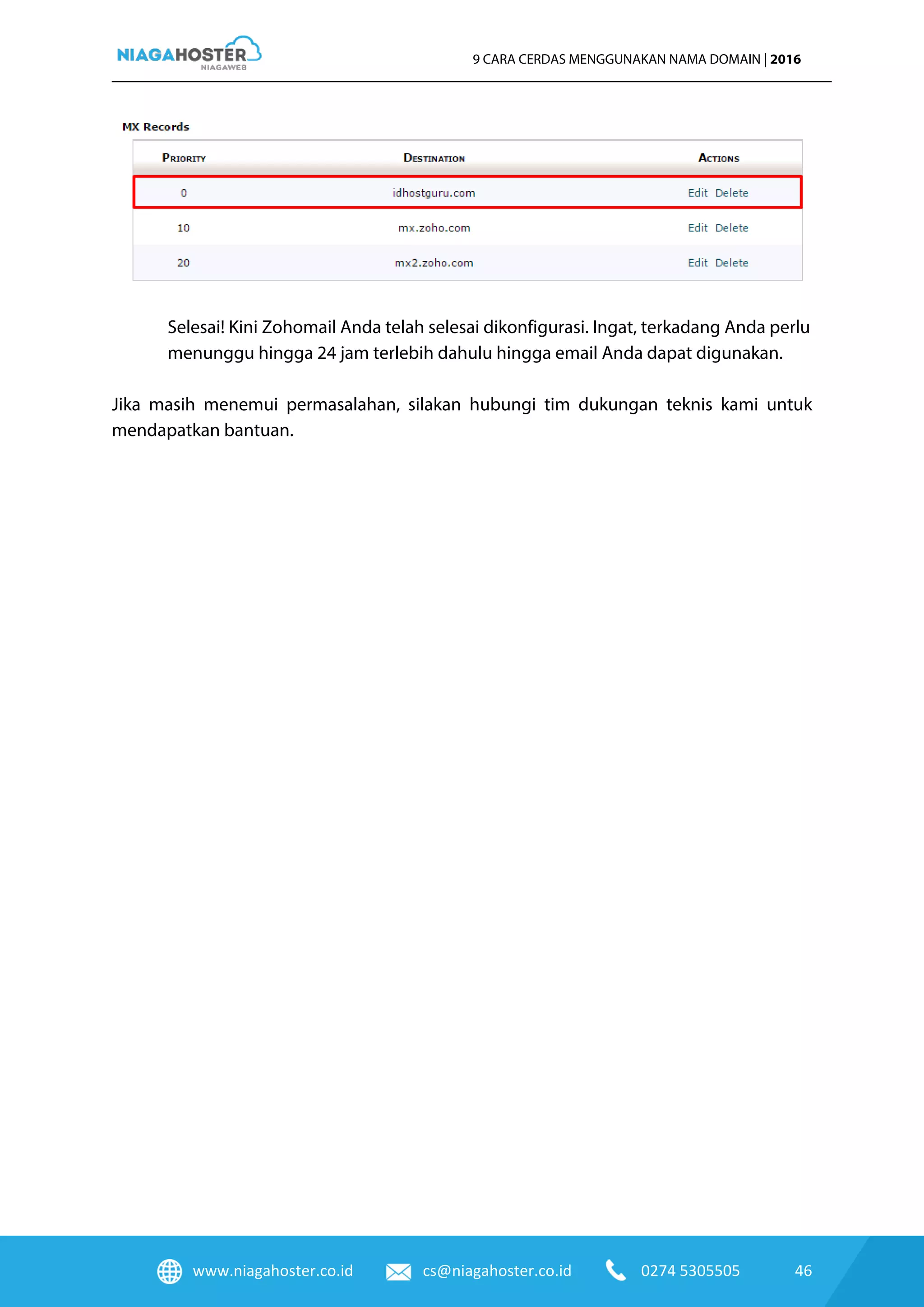 www.niagahoster.co.id cs@niagahoster.co.id 0274 5305505 46
9 CARA CERDAS MENGGUNAKAN NAMA DOMAIN | 2016
Selesai! Kini Zohomail Anda telah selesai dikonfigurasi. Ingat, terkadang Anda perlu
menunggu hingga 24 jam terlebih dahulu hingga email Anda dapat digunakan.
Jika masih menemui permasalahan, silakan hubungi tim dukungan teknis kami untuk
mendapatkan bantuan.
 