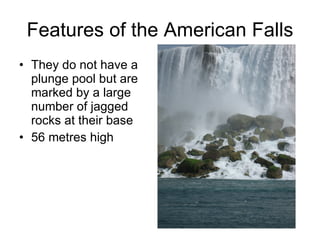 Features of the American Falls They do not have a plunge pool but are marked by a large number of jagged rocks at their base 56 metres high 