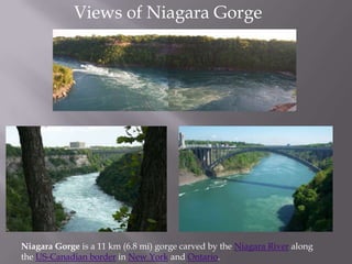 Views of Niagara Gorge




Niagara Gorge is a 11 km (6.8 mi) gorge carved by the Niagara River along
the US-Canadian border in New York and Ontario.
 