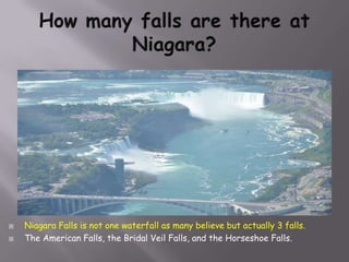    Niagara Falls is not one waterfall as many believe but actually 3 falls.
   The American Falls, the Bridal Veil Falls, and the Horseshoe Falls.
 